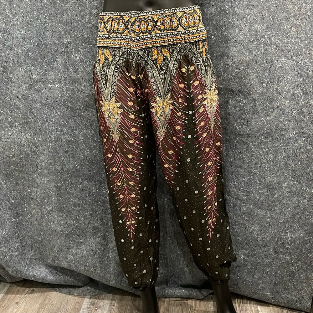 NEW Lafbaz WOMENS LARGE Dark Multi Color Stretch High Waist Yoga Hippie Pants